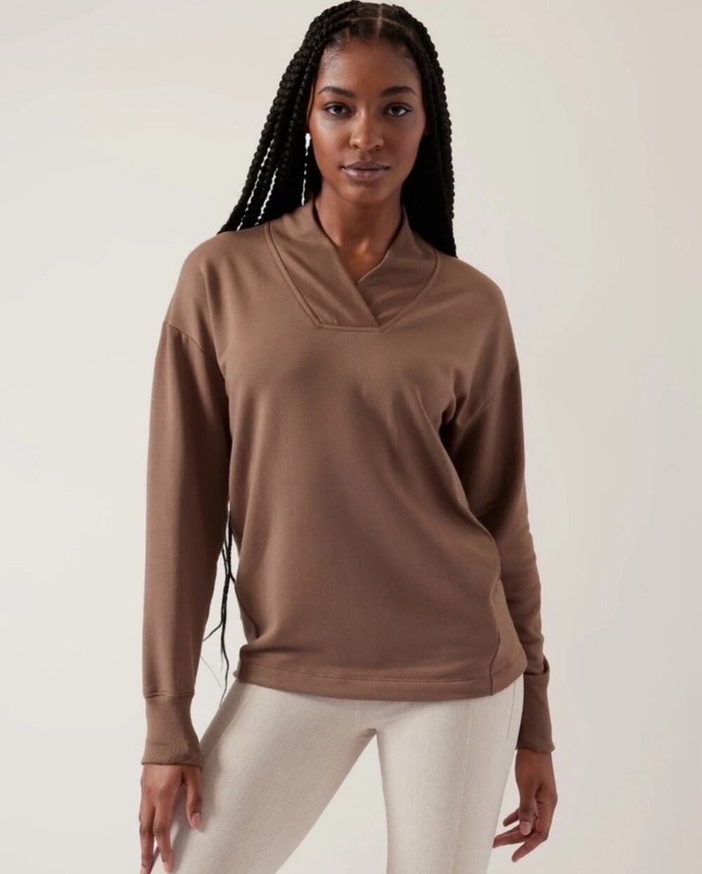 Athleta Clarity V Neck Sweatshirt Brown Tencel Lyocell Blend Stretch XXS